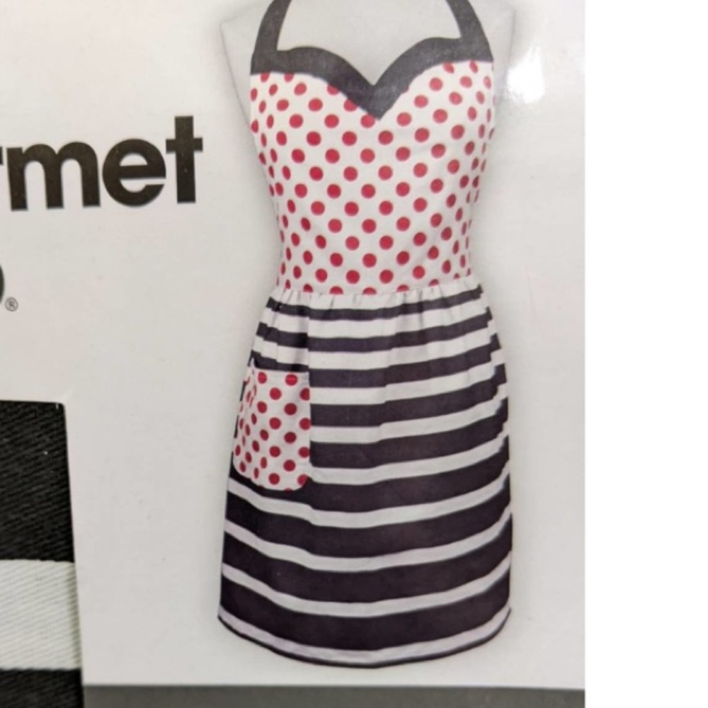 💜Gourmet club red polka dots with black & white stripes hostess apron